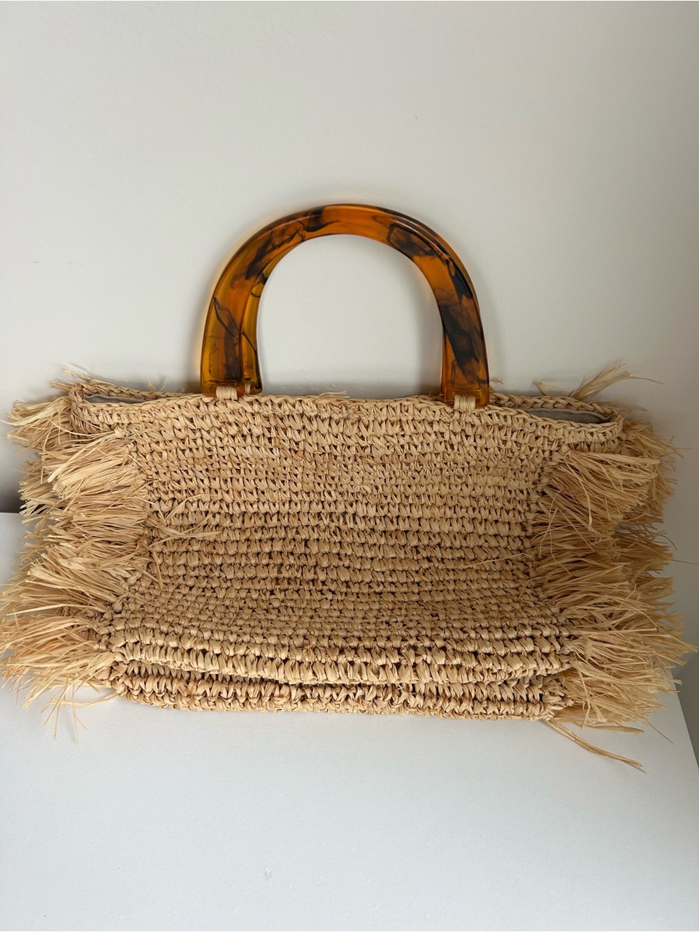 Hat Attack Tort Fringed Natural Raffia Tote Bag Tortoiseshell Handles